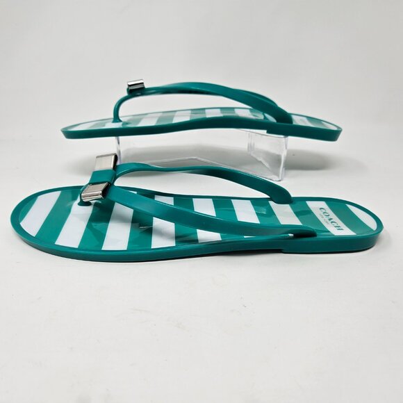 Coach Size 9B Green/White Striped Landon Jelly Flip Flops Thong Sandals Flat Bow - Picture 3 of 11